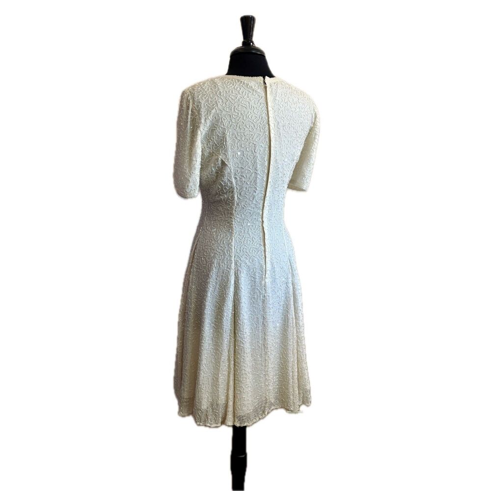 80s Vintage White Beaded A-Line Cocktail Dress Wedding Large - Picture 5 of 7
